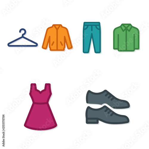 Clothing vector icons set features coat hanger jacket trousers shirt dress and dress shoes.
