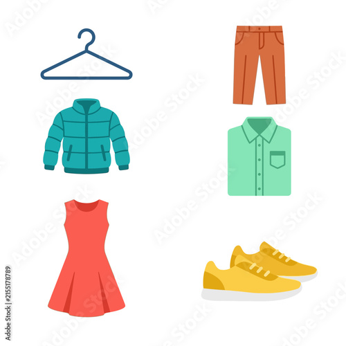 Clothing vector set displaying a hanger, puffer jacket, red dress, trousers, green shirt, and yellow sneakers.