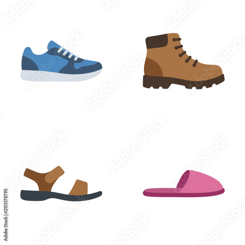 Footwear vector illustrations featuring a blue running shoe, brown trail boot, sandal, and pink home slipper.