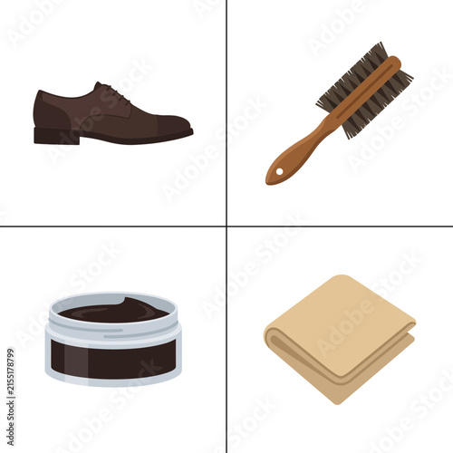 Shoe care products set showing a brown oxford shoe, polishing brush, leather polish jar, and microfiber cloth.