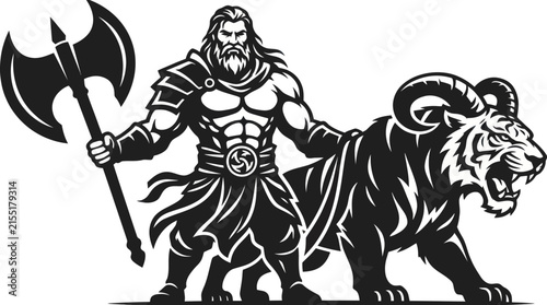 Warrior with axe and beast companion