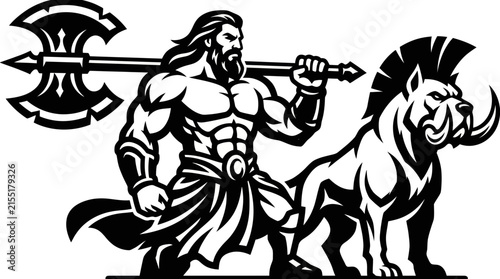 Warrior with axe and beast illustration