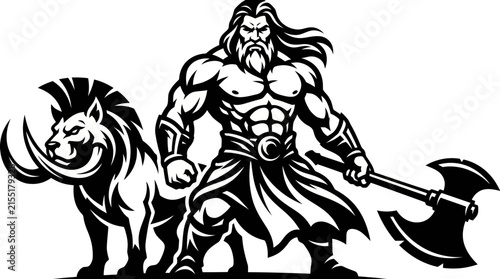 Warrior with axe and beast illustration
