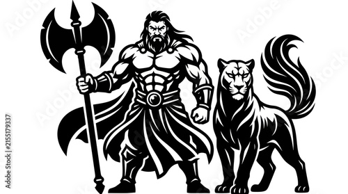 Warrior with axe and big cat companion