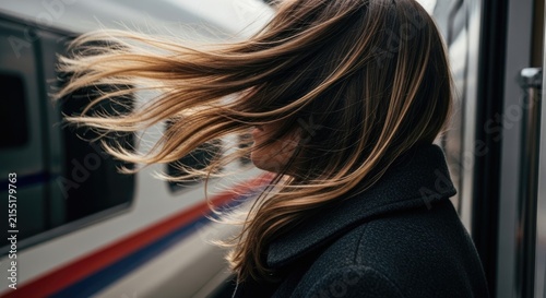 Woman with hair blowing in the wind at train station