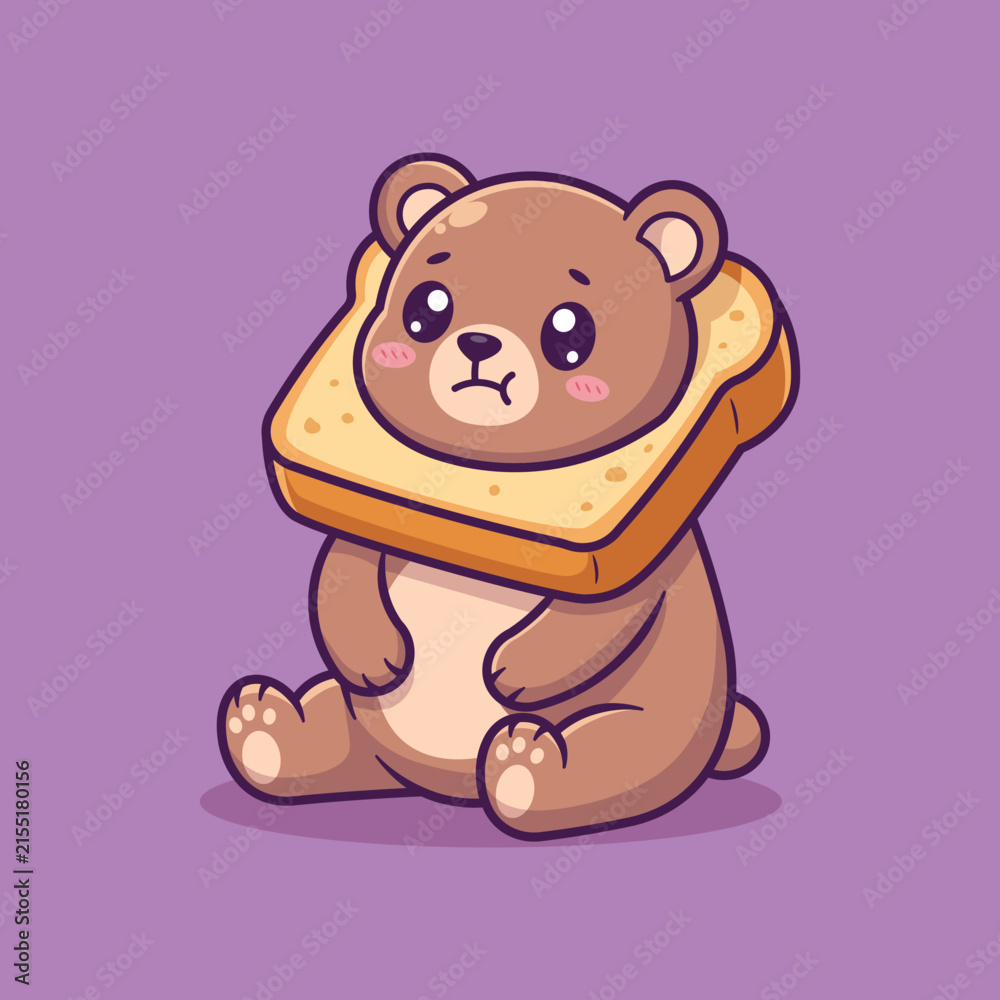 Fototapeta premium Cute Cartoon Bear Sitting with Bread Slice Around Head Vector Illustration