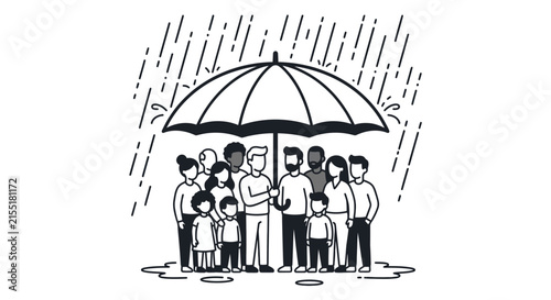 A diverse group of people standing together under a single large umbrella during a rainstorm.