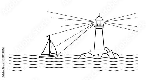 A simple line art illustration featuring a lighthouse and a sailboat on the water.