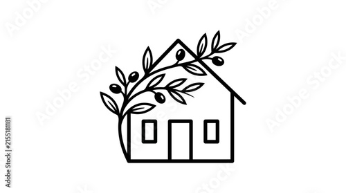 Minimalist line art illustration of a house with an olive branch.
