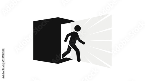 A minimalist icon depicting a person walking out of a dark doorway into light.