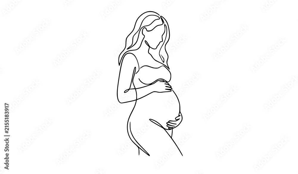 Fototapeta premium Pregnant woman continuous line drawing vector, minimalist maternity and motherhood illustration isolated on white background