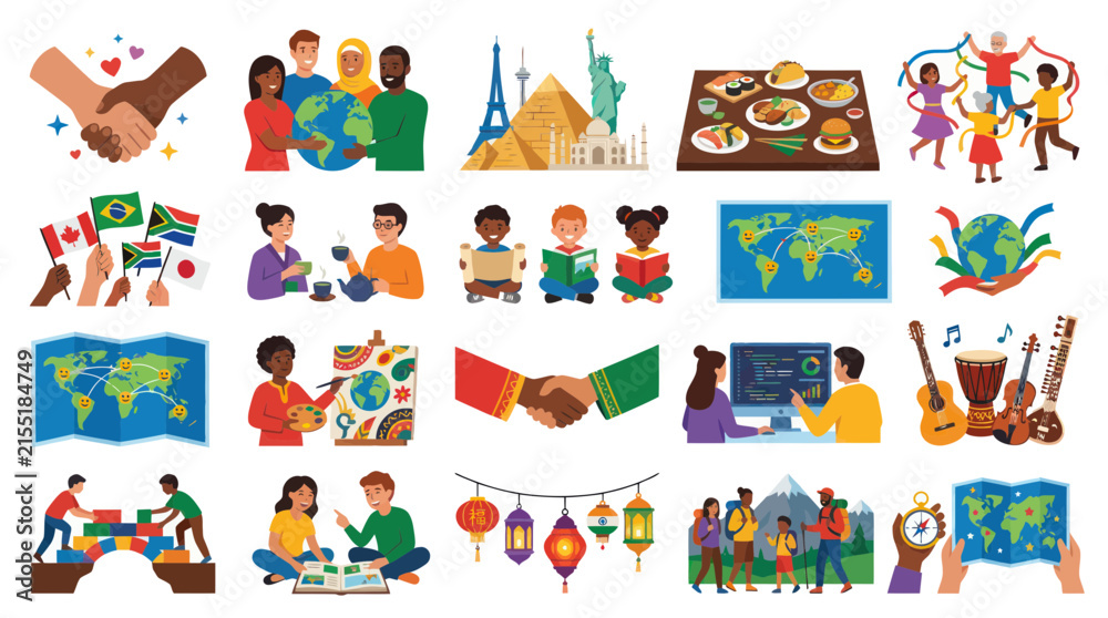 Fototapeta premium Flat Vector Global Diversity, Culture, Education, Communication Travel Illustration Set