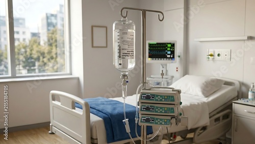 Saline solution IV bottle hanging on metal pole in modern intensive care ward
