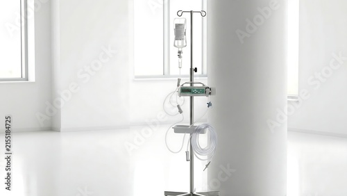 Intravenous drip stand in white sterile clinical room for medical treatment process
