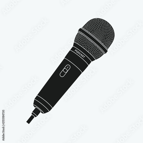 Black dynamic microphone silhouette on white background.