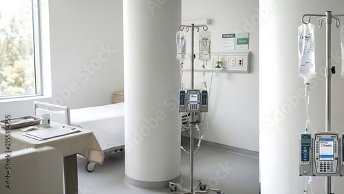 Medical IV drip pole with infusion pump machine in modern hospital ward room
