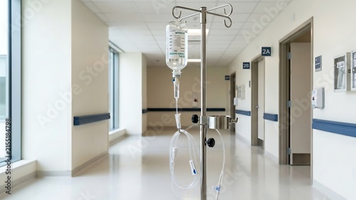 Saline IV drip pole standing in bright clean empty hospital hallway corridor
