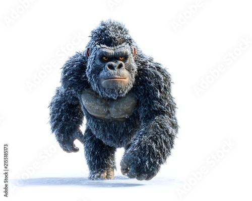 Furry, menacing gorilla with orange eyes and snow on fur walking forward on snow