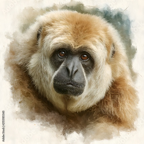 Close-up watercolor portrait of a golden howler monkey with expressive brown eyes