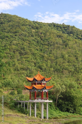 Traditional Chinese Pavilion Surrounded by Lush Green Mountains in Phnom Sruoch, Kampong Speu, Cambodia