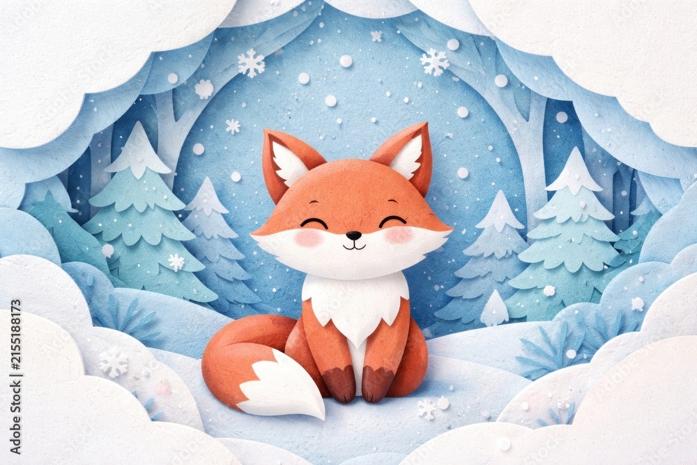 Naklejka premium Cute fox in snowy forest