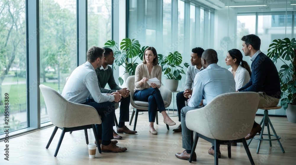 Obraz premium Diverse Business Team in Circle Meeting Facilitated by Female Leader in Modern Glass Office for Corporate Leadership and Teamwork Strategy