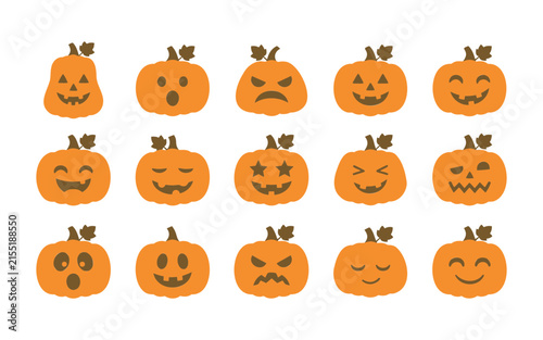 Set of cute and spooky halloween pumpkin icons with various facial expressions and emotions on white background