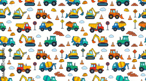 Seamless pattern with construction vehicles, excavators, and trucks on white background