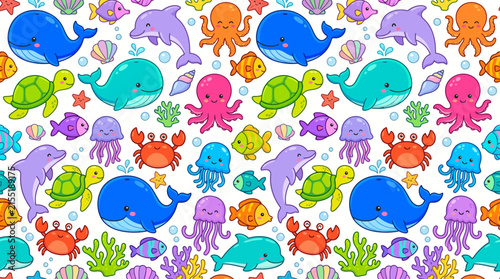 Seamless pattern with cute cartoon sea animals and ocean creatures on white background