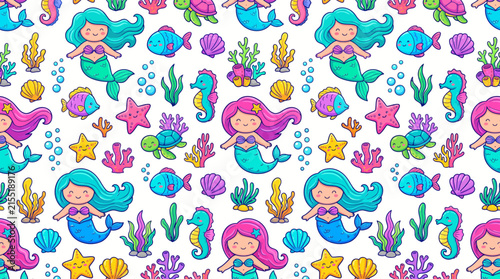 Cute Mermaid Seamless Pattern with Sea Animals and Underwater Elements