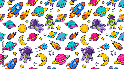 Seamless space pattern with cute astronauts, colorful planets, rockets and stars.