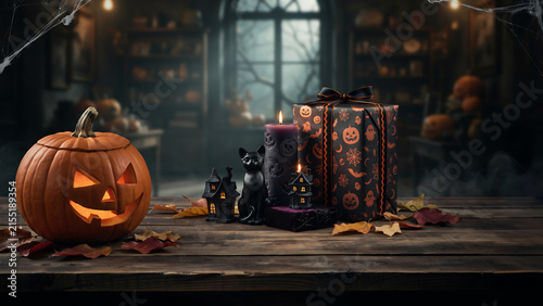 Carved pumpkin jackolantern on rustic wooden table with halloween gift boxes and decorations in cozy room black cat still life