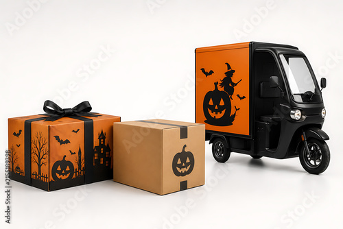 Delivery electric tricycle with halloween graphic print next to gift boxes decorated with pumpkin motifs, electric vehicle