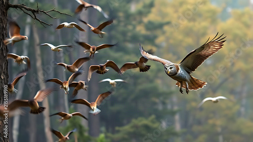 Flock of birds diving at an owl in territorial defense, dynamic forest scene.