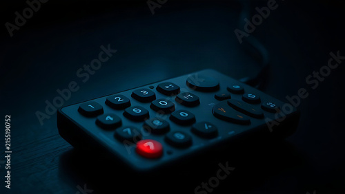 Dark television remote with unlit buttons on a table in low light, inoperable state.