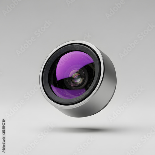 Floating Modern Camera Lens with Purple Coating on White Background