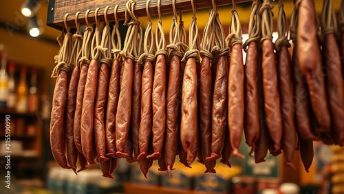 Salami sausages hanging on a rustic wooden rack at a market.