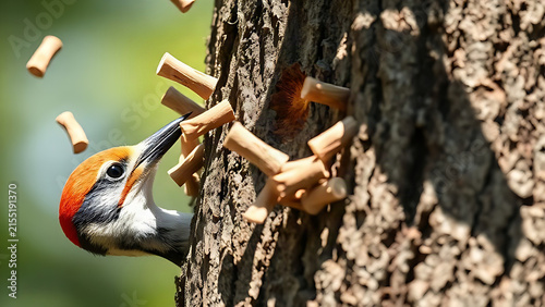 Woodpecker creating holes in tree bark, wood chips flying in sunlight.