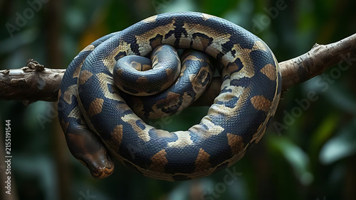 Large python coiled tightly around a tree branch in a poised stance.