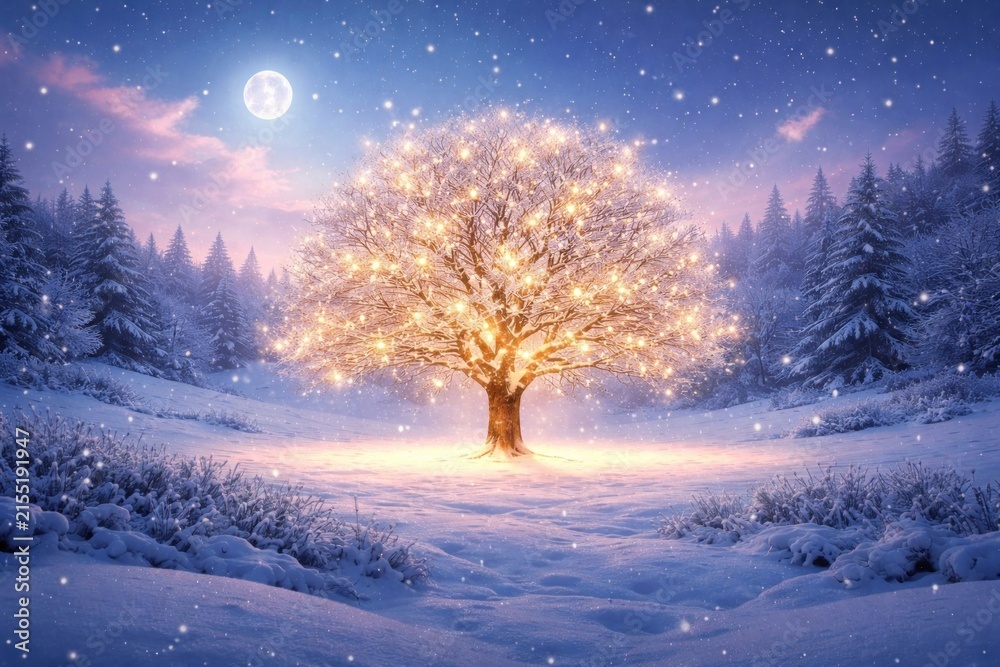 Obraz premium Enchanted tree in snowy landscape.