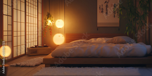 Cozy Minimalist Bedroom Interior with Low Bed, Warm Ambient Lighting