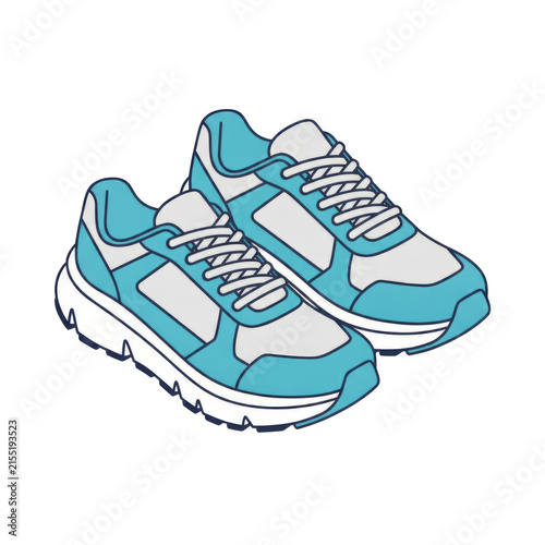 Isometric blue and white running shoes and sport sneakers with laces, isolated on a transparent background