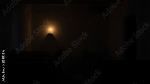 A rustic village chapel interior with a single flickering candle.