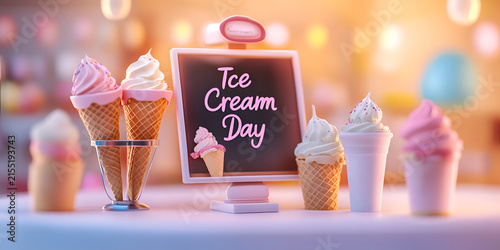 Colorful Ice Cream Cones and Frozen Desserts on a Bright Dessert Counter