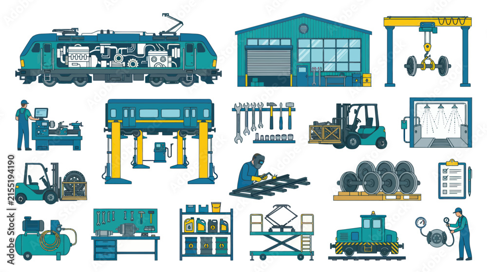 Fototapeta premium Railway Industry Maintenance Workshop Equipment, Tools Workers. Flat Line Art Vector Set.