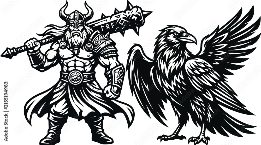 Obraz premium Warrior with mace and raven