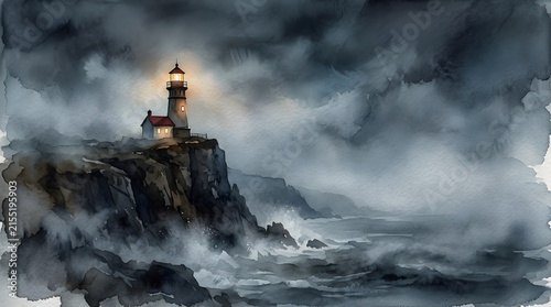 Moody Lighthouse Illustration Guiding Through Stormy Seas