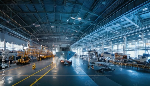 Industrial warehouse interior with machinery.