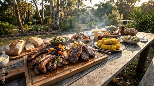 Delicious grilled food feast served on a wooden table in a sunny garden outdoor setting. Australian Cuisine