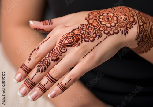 Intricate traditional henna tattoo on female hand with French manicure